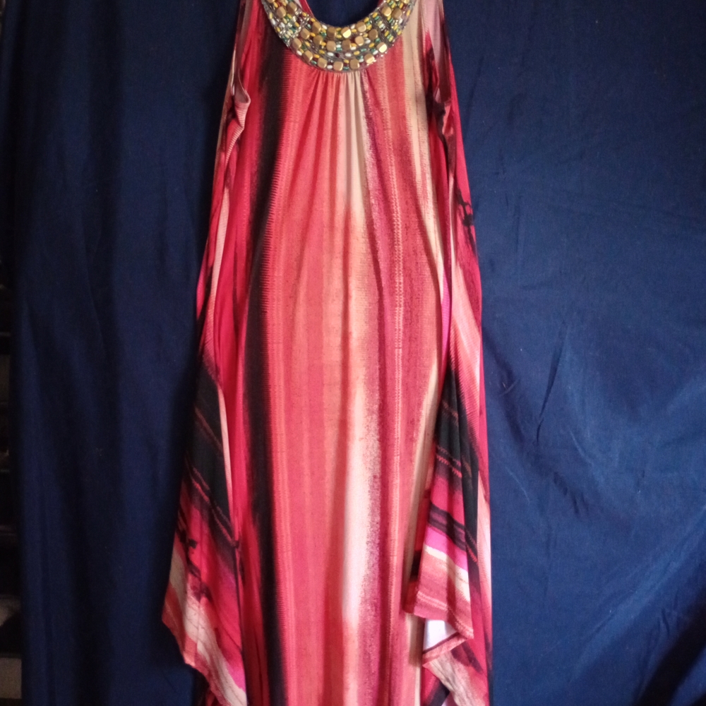 Rafaella Pink and Red Maxi Dress with Beaded Neckline